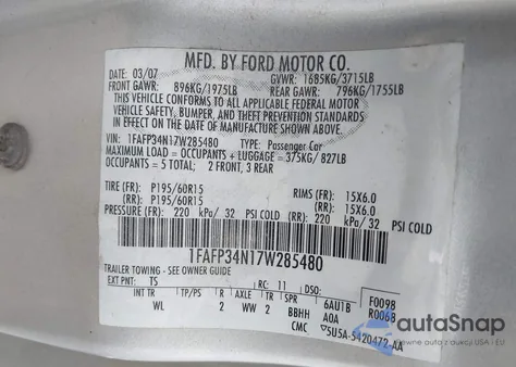 2007 Ford Focus S/Se/Ses из США, поврежденный, VIN 1FAFP34N17W285480